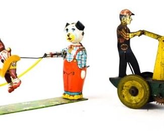 131	2 Tin Litho Wind-Up Toys	Girard Toys tin litho railroad handcar wind-up toy (minor paint loss, not working), 6"L x 6"H; TPS Japanese tin litho animals jumping rope wind-up toy (works), 8"L x 5"H
