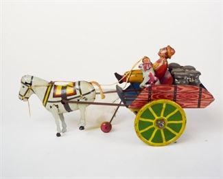132	Marx Tin Litho Wind-Up Hee Haw Cart	Louis Marx Co. vintage tin litho wind-up toy Hee Haw Cart. With original box. 10" L X 5 1/2" H. Minor paint loss and wear, box in poor condition.
