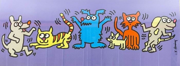 135	Keith Haring Lithograph Dogs & Cat Dancing	Keith Haring (American, 1958-1990). Signed in the plate lower right K. Haring, with Authorized By The Estate of Keith Haring stamp. 17 1/2" x 46 1/2"
