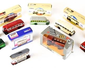 144	9 Corgi Classics Buses, Trucks & Trams UK	Seven buses, one truck and one tram, some with original boxes. Buses: No. 98163, Bedford OB Grey Green; 97213, Leyland Tiger Red & White Services Ltd; 97825, Daimler CVD6 Burwell & District Motor Services; 3 Bedford OB Coach buses - South Midland, Norfolk's and W. Alexander (no boxes); AEC bus (no box). Truck: C945/2, AEC 508 Forward Control 5 Ton Cabover Caymer's Cyder (wear to box); and a Blackpool Festival '94, no. 97273 Blackpool Tram. Leyland Tiger bus 6 1/2"L x 2 1/4"H, tram 5 1/4"L x 3"H
