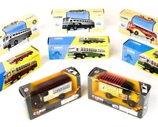 146	8 Corgi Classics Die-Cast Trucks & Busses	Six buses and two trucks, all with original boxes. Buses: No. 98470, Yellow Coach 743 Silverside; 98467, Yellow Coach 743 Public Service New Jersey; 98464, Burlington Trailways Yellow Coach 743; 54005, Public Service GM 4502 (box torn at flaps); 54004, New York GM 4507; 54002, Madison Avenue GM 4506. Trucks: C906/7, Mack Truck - Peerless Light Co.; C906/5, Mack Truck - The Stanley Works (wear to both boxes). Trucks 5"L x 2 3/4"H, larger buses 8 1/4"H x 2 1/4"W
