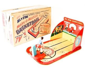 150	Tin Litho Marx-O-Matic All-Star Basketball Game	With tin litho court and plastic hoop, basketball player and 1 ball. Automatic score and player shooting both work. In original box. Board 21"L x 13"W x 11 1/4"H. Wear to box, minor wear to court.
