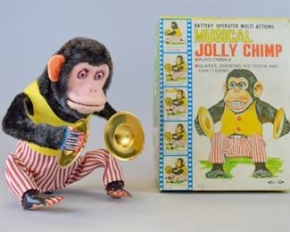 151	Battery Operated Musical Jolly Chimp	A battery operated multi actions musical jolly chimp made by Daishin in Japan, model no. 7061. He plays cymbals and glares his eyes, showing and chattering his teeth when operated. Box and toy are in great condition, and toy appears to have never been used. Dimensions of box: 8.5" L x 11" W x 6.25" H
