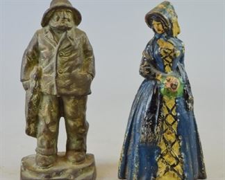 168	Fisherman and Lady Doorstops	Lot includes cast iron fisherman doorstop, 7"T; cast iron Victorian lady doorstop, 6 1/2"T. Wear and paint loss consistent with age

