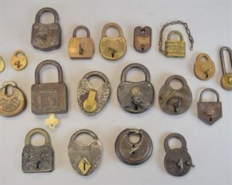 173	Grouping of Vintage Locks	Grouping includes railroad locks, RFD Mail, Board of Elections WB, Yale, U.S. Army, Romer & Co. Newark NJ, U.S. Mail, many with keys.
