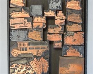 177	Grouping of Transportation Printing Blocks	Lot includes various size printer's letterpress blocks with transportation themes: wagons, horse and buggy, ships, automobiles, trolleys, horse drawn steam fire trucks; copper and metal on wood; largest (antique fire truck) measures 4 1/2" x 3"; good condition

