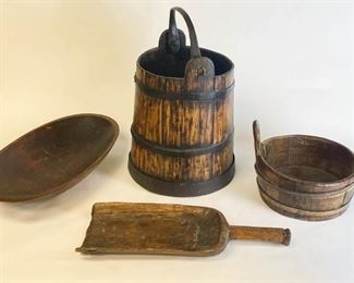 184	Grouping of Wood Items	Lot includes large oval carved bowl, 21"x11"W; large wooden paddle/scoop, crack held with metal bracket, 20"L x 8"W; wooden bucket with heart handles, 8 1/2"T x 11" W; large wooden bucket with handles, 16"T x 13"W
