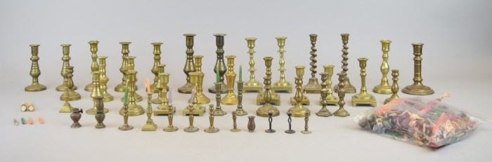 187	Large Grouping of Miniature Brass Candlesticks	45 brass candlesticks, mostly miniature, including pairs. Tallest pair 4 3/4"H
