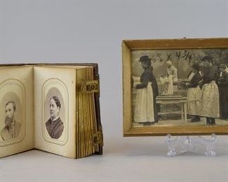 197	Vintage Tintype Album and Framed German Photograph	A leather bound photo album containing 38 tintypes and saltprints. Portraits of different members of the Wadleigh family. Very good condition, photography's wear is consistent with its age and processes. A framed photograph of women in a religious procession in the Austrian state of Tyrol, taken November 30th, 1936. An original German description describes the scene taking place. Good condition, frame has regular crazing. Largest item: 8" L x 6' H
