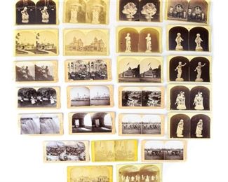 199	Group of Stereoscope Cards	10 Keystone View Company Stereoscope Viewing Cards, circa late 1890's. A collection of views including "Gold Miners at Work" and "Niagara Falls" Very good condition. Stereoscope card of reclining Victorian couple. Good condition. Stereoscope card of family outside of home. Good condition, some wear due to age. 13 Stereoscope cards from the Centennial Photographic Company, Philadelphia, PA. These cards are in very good condition with a small tear on one of them. These cards are from the Centennial Exhibition of 1876 in Philadelphia, which celebrated the 100th anniversary of American Independence. The Centennial Photographic Company was granted exclusive rights to photograph the World's Fair. Largest item in lot: 7" L x 4" H.
