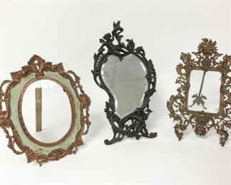 207	Baroque Style Table Top Mirror & 2 Frames	Frames 14 1/2"H x 9"W and 12 1/2"H x 11"W; mirror Paul Lecourtier Paris 1878, 16 1/2"H x 9"W
