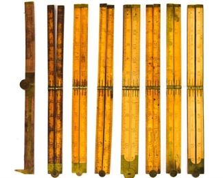220	Grouping of Vintage Rulers	Lot includes eight wooden folding rulers; Rabone, Made in England; Stanley Rule and Level Co. Boxwood, New Britain Conn. USA; Pine Meadow, Conn USA; John Rabone and Sons; Warranted Boxwood; most 24" long
