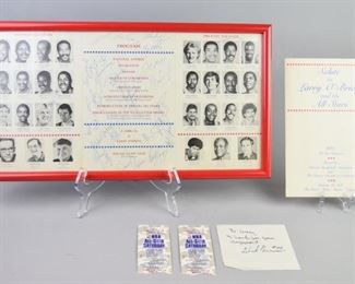 300	Group of 1984 All Star Championships Ephemera	A collection of memorabilia from the 1984 NBA All Star Championship. Includes a framed signed program from all players and staff, another program, two ticket stubs, and a signature from a player on a cocktail napkin. Very good condition. 19" L x 10 1/2" H
