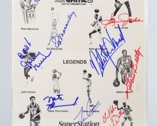 303	37th All Star Game Signed Legends Card	A display of the 37th All Star Game Legends containing various photographs and signatures of players who participated in the 1987 All Star Game, including Pete Maravich, John Green, Zelmo Beaty, and Don "Slick" Watts. 8.25" L x 10" H
