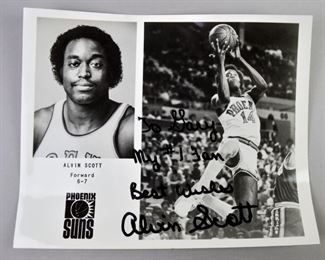 309	Alvin Scott Signed Photograph	A signed photograph of Phoenix Suns player Alvin Scott with number and statistics. Good condition. 10" L x 8" H
