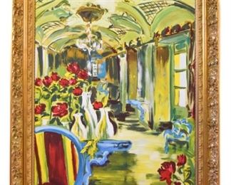 320	Scene of Roses in Large Hallway Painting	An oil on canvas signed Valeria Limoz, containing a Post-Impressionist-style scene of a Baroque hallway containing roses in the foreground. Frame: 35" L x 46.5" Painting: 27" x 38"
