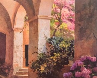321	Oil on Canvas of a Tuscan Courtyard	A framed oil on canvas of a Tuscan courtyard signed "T". Good condition. Frame: 42" x 42" Painting: 34" x 34"
