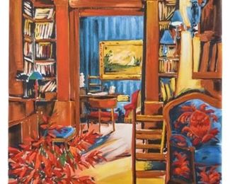 322	Home Library Oil on Canvas	An unframed oil painting on canvas of a British home library interior, with bookshelves and classical busts. Signed Valeria Limoz. Good condition. 28.75" L x 39.5" H

