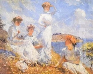 328	Woman on Beach Impressionist Painting	A copy of an Impressionist painting (after Edmund Tarbell) showing four women on a hill looking out to the water below and conversing. Frame: 34" L x 28" H Painting: 28" x 24"
