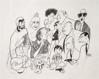 330	Al Hirschfeld TV Land Caricatures Lithograph	Lithograph of caricatures of famous celebrities and advertising mascots of the 1980's, including Mr. Clean and the Green Giant by American artist Al Hirschfeld (1903-2003). Numbered in pencil lower left 2383/2400 Framed: 23" L x 19" H 19" L 15" H
