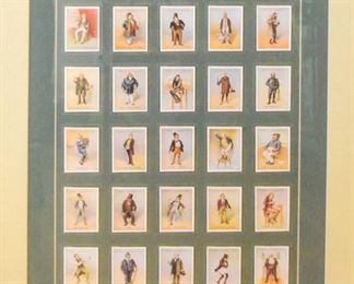 332	Charles Dickens Characters Cigarette Cards	A framed display of trading cards from packs of Cope cigarettes sold in 1939 displaying caricatures of characters from the writings of Charles Dickens. Very fine condition. Framed: 30" 34" Display: 19" x 24"
