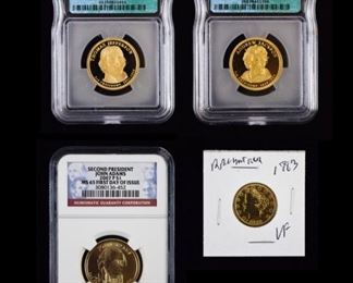 334	Group of American Coins	A group of American coins, including an 1883 Barber nickel, an Andrew Jackson Presidential Dollar Coin, and a John Adams and a Thomas Jefferson coin from the same series. All are encapsulated and graded.
