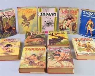 333	Group of Signed Tarzan Books	A group of 11 Tarzan novels written by Edward Rice Boroughs, all printed in the early 1940's. Each book is also signed by Johnny Weissmuller, the swimmer and actor who portrayed Tarzan in the 1930's and 1940's films. Good condition, dust jackets on all books are intact but with some small rips and tears.
