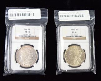 341	2 Morgan Silver Dollars	2 Morgan Silver Dollars, encapsulated and graded by NGC, MS61 and MS62. One was minted in 1895 at New Orleans, and the other was minted in 1898 in San Francisco.
