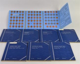 345	Whitman Coin Books	A set of 8 Whitman coin books, including a Indian Eagle book, 3 Lincoln sets, 2 Washington quarter sets, a Jefferson nickel set, and a Roosevelt dime set. All are in good condition, with some wear consistent with age.
