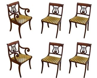 351	Group of Mid-Century Modern Lute Chairs	A set of 6 Mid-Century Modern Chairs with 4-string lute backs Some scratches on the chairs, but overall good condition.
