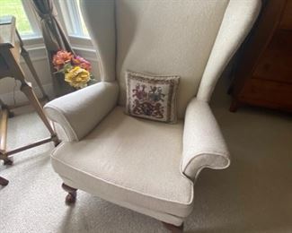 PRICE: $100 White wing chair, 37 x 29 x 29. Two available