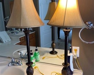 PRICE: $45 Two pineapple lamps with fabric shades, 32 inches tall