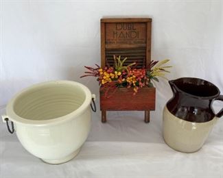 Vintage Washboard, Pitcher, and Plant Container