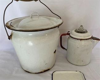 White Enamel Bucket wLid and Coffee Pot