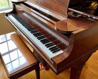 Steinway & Son's Small Grand Piano w/ disc player. Rosewood finish.   African Pommele' has a lustrous, wavy, uniform figuring.  (This item may be presold, contact us for details).