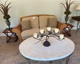 Palecek Sofa $485
Coffee Table $325
Palecek End Tables $140 each.                                          Candle Centerpiece SOLD. Feather Vases SOLD