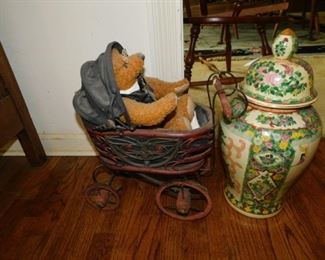 Vintage Bear  Decorator Buggy & Chinese Paste Porcelain Urn