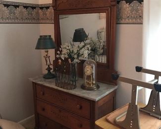 eastlake dresser, another thea or tole shade lamp vintage school desks