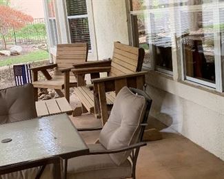 $1050~CUSTOM MADE HAND CRAFTED AMISH WOODEN PATIO SET INCLUDING TWO CHAIRS, GLIDDER  AND TABLE 