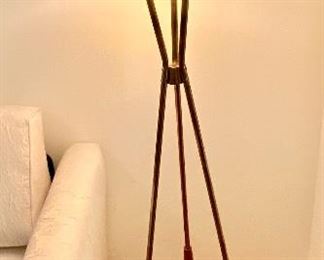 14- $175  Mid century modern Three legs floor lamp wood & brass 52”H x 17”D