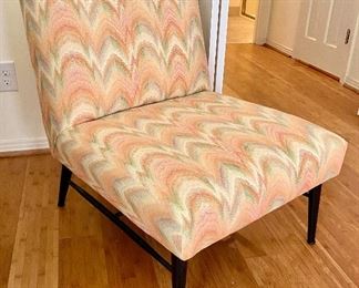 19- $175 Mid century modern armless chair orange coral & mint color upholstery 24”L x 33”H x 33”D