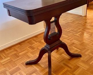 34- $175  Mahogany Lyre game / console table 30”L x 29”T x 15”D or open 30”W