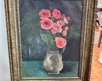 39- $75 Peonies oil painting on canvas in gilt frame 16”W x 20”T unsigned                  