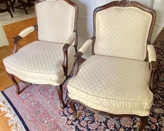 48- $295 Pair of French style Louis XV style cream upholstery 26”Widest of the seat x 37”T x 24”D