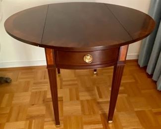 46- Mahogany Federal side table tapered legs brass tip, single drawer 31”L x 24”T x 24”D $195