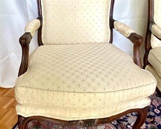 48- $295 Pair of French style Louis XV style cream upholstery 26”Widest of the seat x 37”T x 24”D