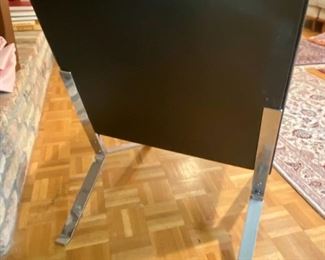 57- $550 Royalmetal Barcelona style chairs”Y” leg base black leatherette 22”W seat x 30”T x 27”D + feet sticking out. One as small tear in leather (see pics)