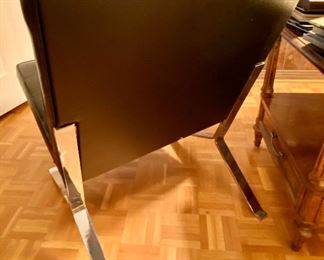 57- $550 Royalmetal Barcelona style chairs”Y” leg base black leatherette 22”W seat x 30”T x 27”D + feet sticking out. One as small tear in leather (see pics)
