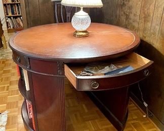 59 – $595 Mahogany round Tambour desk with seating on both sides and four drawers (2 working, 2 faux ) Charles S. Sligh Company, Holland MI.  39”D x 30”H