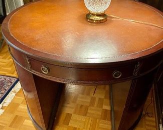 59 – $595 Mahogany round Tambour desk with seating on both sides and four drawers (2 working, 2 faux ) Charles S. Sligh Company, Holland MI.  39”D x 30”H